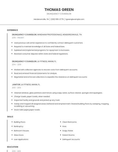 Delinquency Counselor Resume
