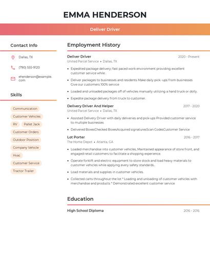 Deliver Driver Resume