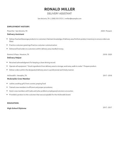Delivery Assistant Resume