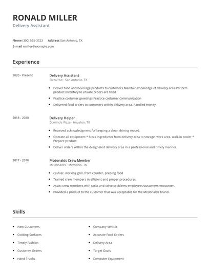 Delivery Assistant Resume
