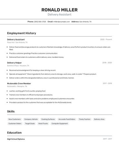 Delivery Assistant Resume