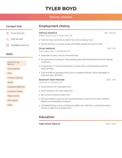 Delivery Assistant Resume
