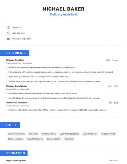 Delivery Assistant Resume
