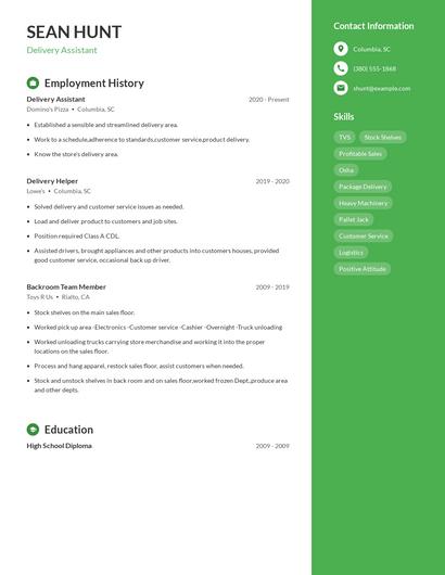 Delivery Assistant Resume