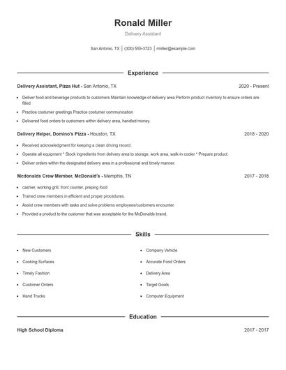 Delivery Assistant Resume