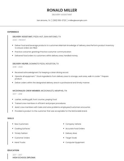 Delivery Assistant Resume