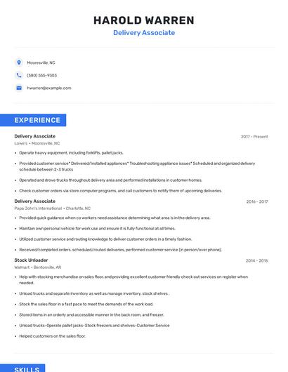 Delivery Associate Resume