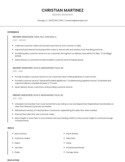 Delivery Associate Resume