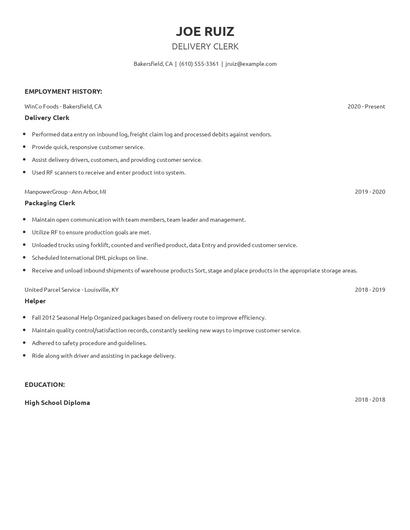 Delivery Clerk Resume