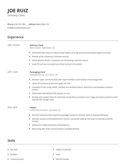 Delivery Clerk Resume