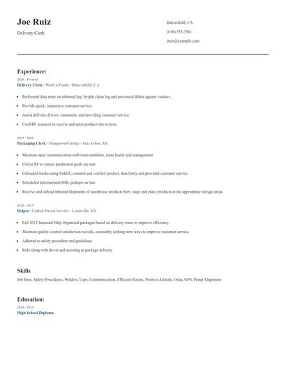 Delivery Clerk Resume