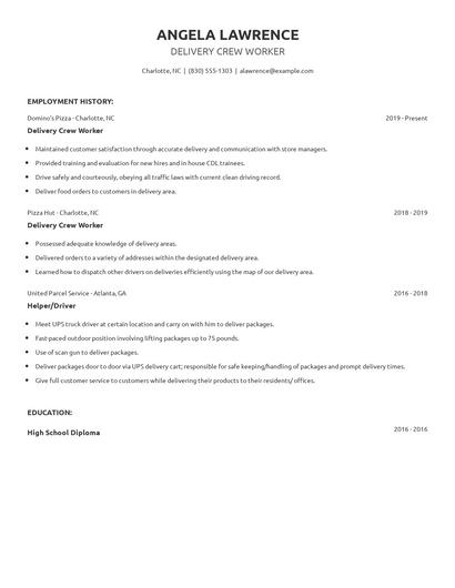 Delivery Crew Worker Resume