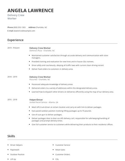 Delivery Crew Worker Resume