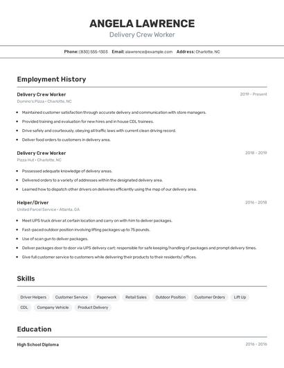 Delivery Crew Worker Resume