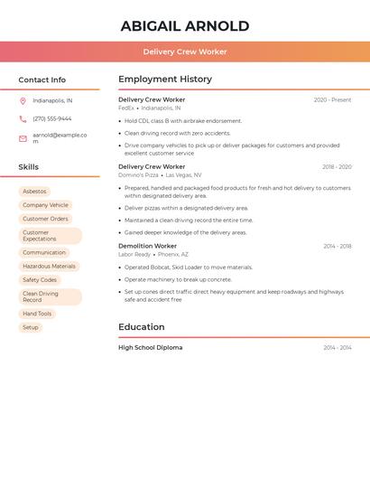 Delivery Crew Worker Resume