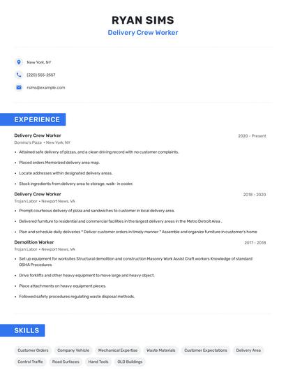 Delivery Crew Worker Resume