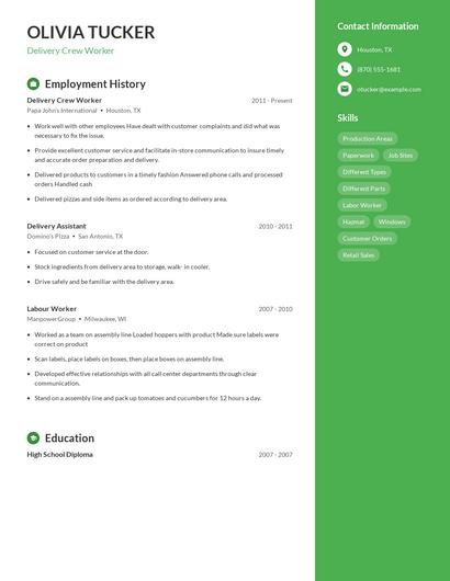 Delivery Crew Worker Resume