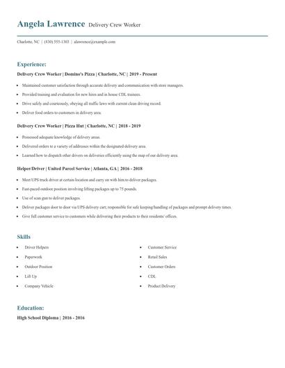 Delivery Crew Worker Resume