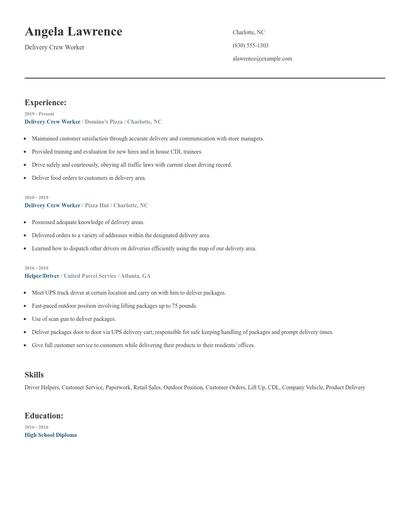 Delivery Crew Worker Resume