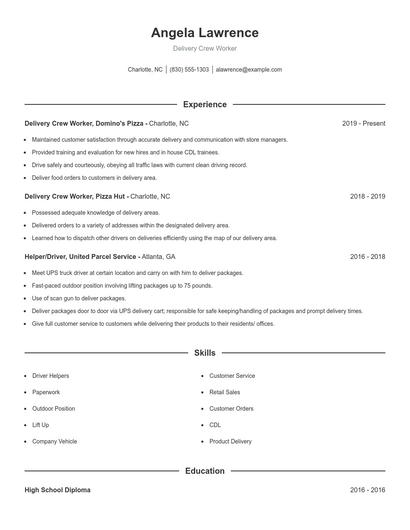 Delivery Crew Worker Resume