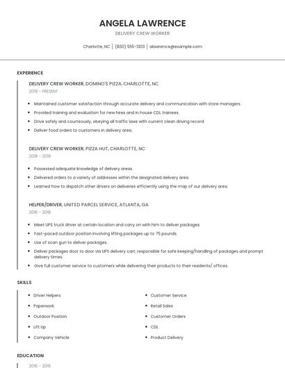 Delivery Crew Worker Resume