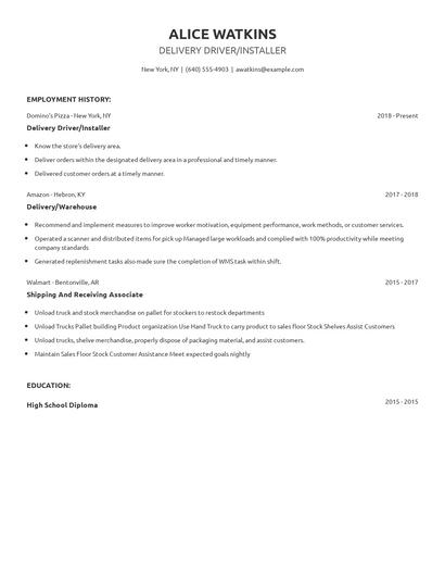 Delivery Driver/Installer Resume