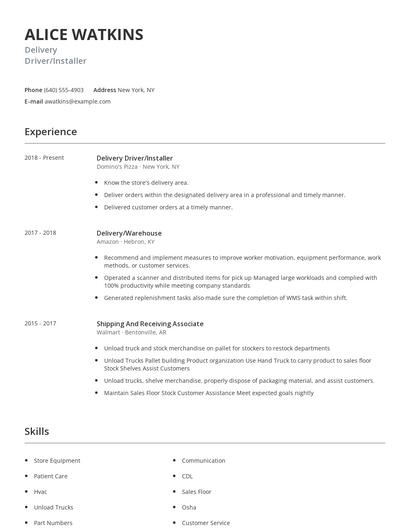 Delivery Driver/Installer Resume