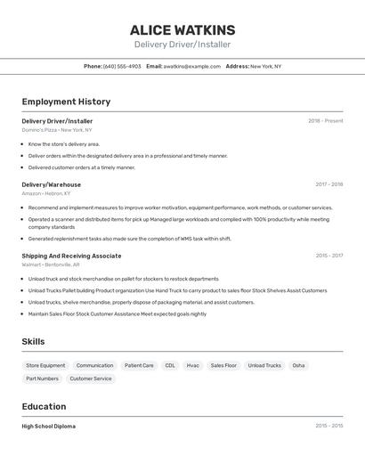 Delivery Driver/Installer Resume