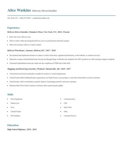 Delivery Driver/Installer Resume