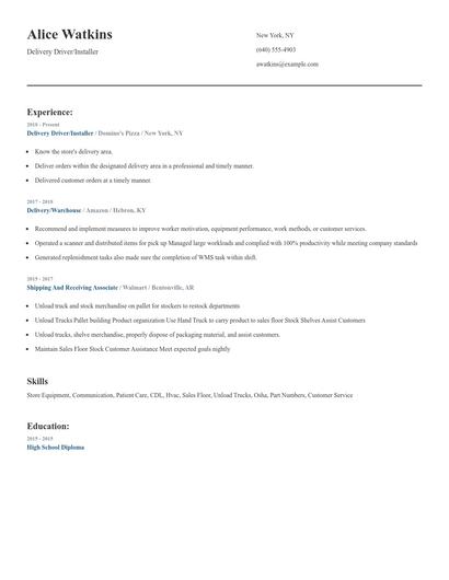 Delivery Driver/Installer Resume