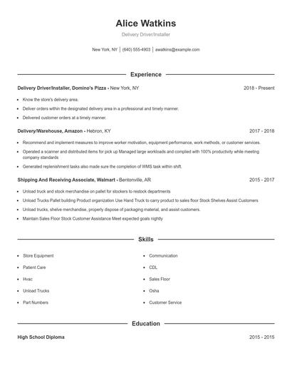 Delivery Driver/Installer Resume