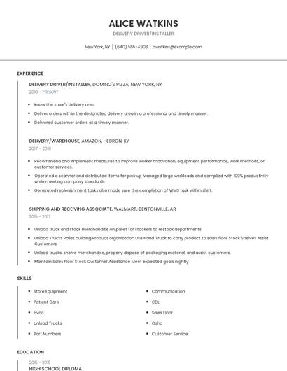 Delivery Driver/Installer Resume