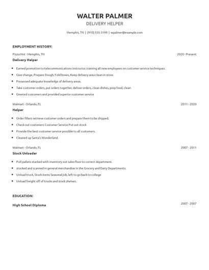 Delivery Helper Resume