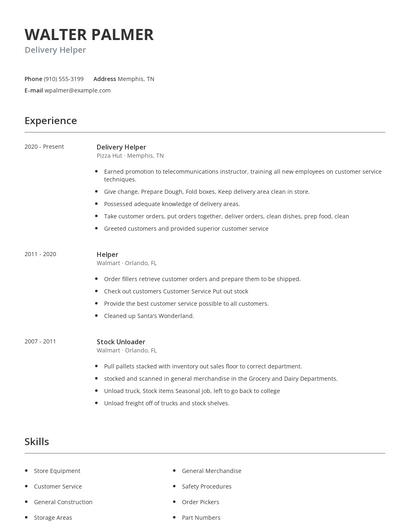 Delivery Helper Resume