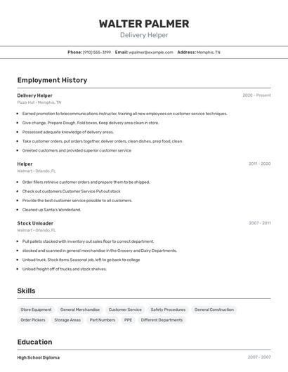 Delivery Helper Resume