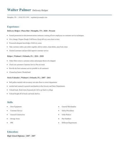 Delivery Helper Resume