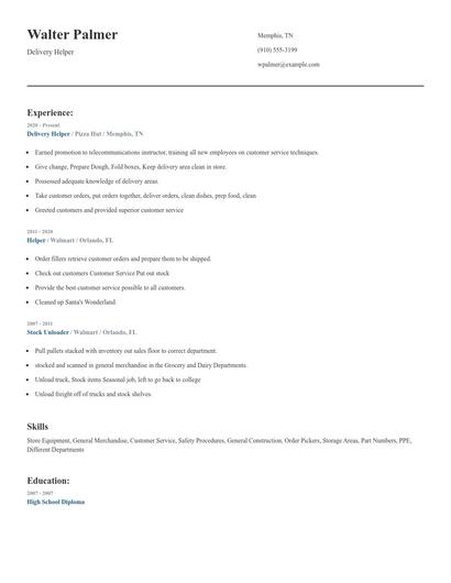 Delivery Helper Resume