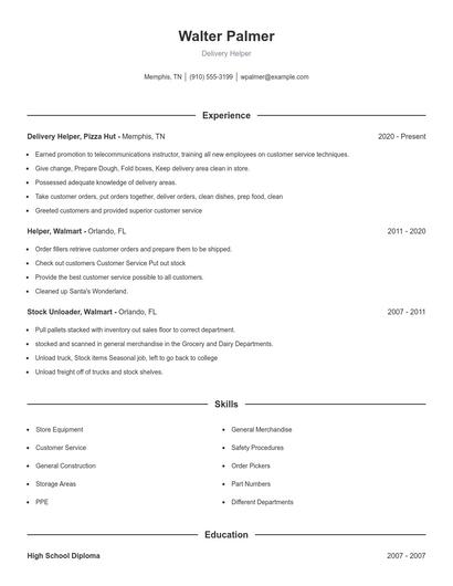 Delivery Helper Resume