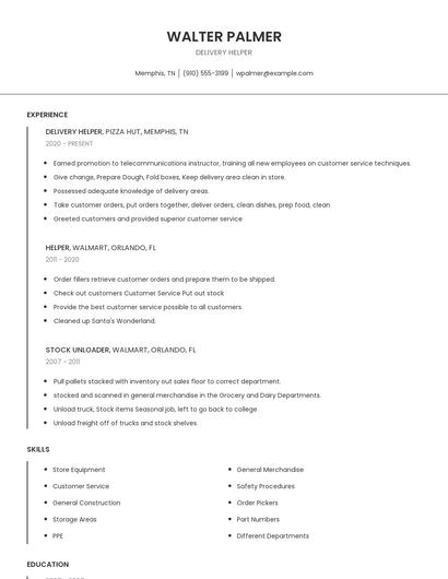 Delivery Helper Resume