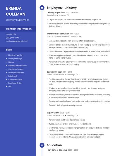 Delivery Supervisor Resume