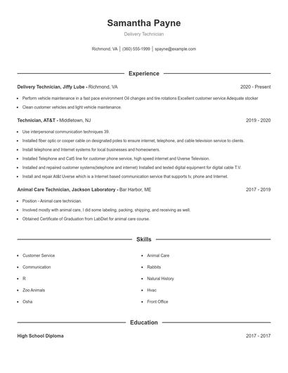 Delivery Technician Resume