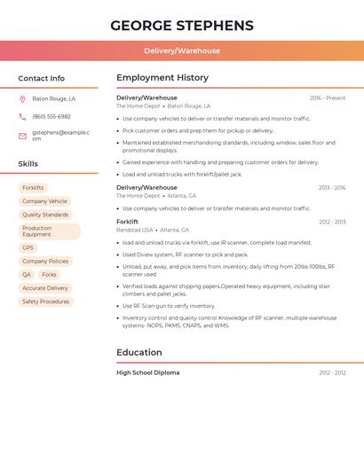 Delivery/Warehouse Resume