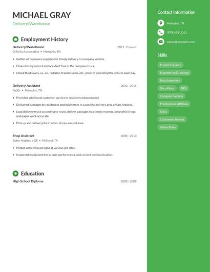 Delivery/Warehouse Resume