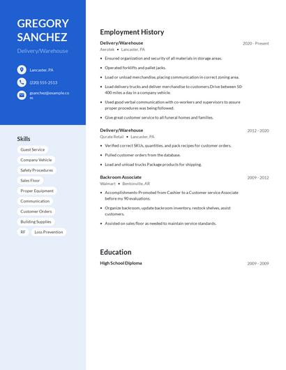 Delivery/Warehouse Resume