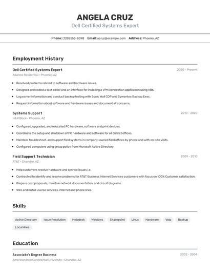 Dell Certified Systems Expert Resume
