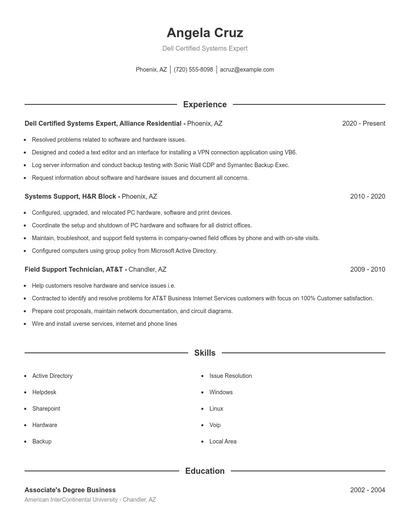 Dell Certified Systems Expert Resume