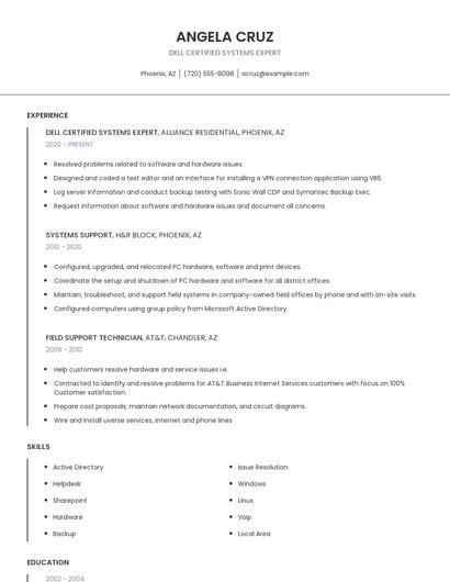 Dell Certified Systems Expert Resume
