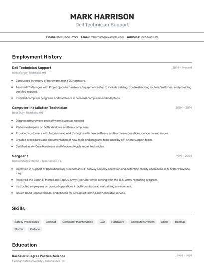Dell Technician Support Resume