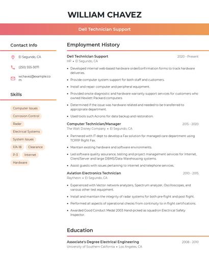 Dell Technician Support Resume