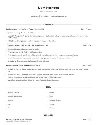Dell Technician Support Resume